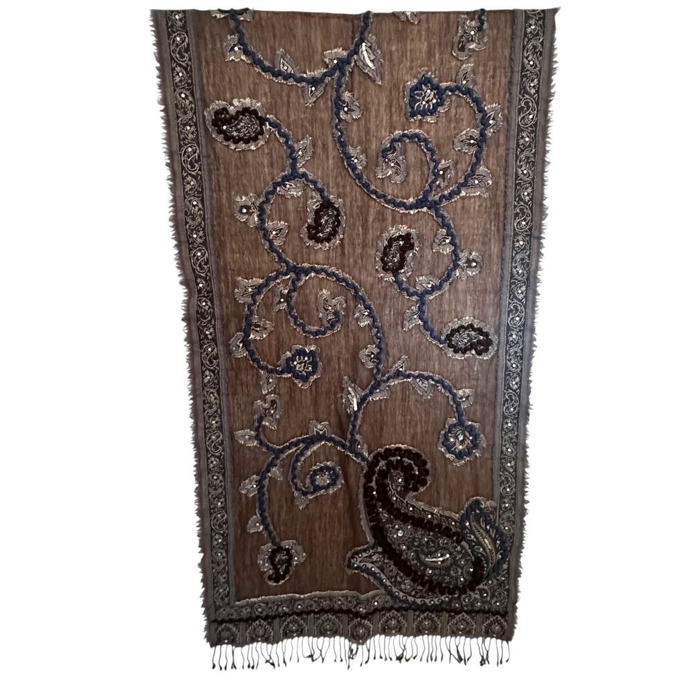 Tolani 100% Wool Scarf Brown Blue Embroidered Sequins Paisley Fringe Oversized